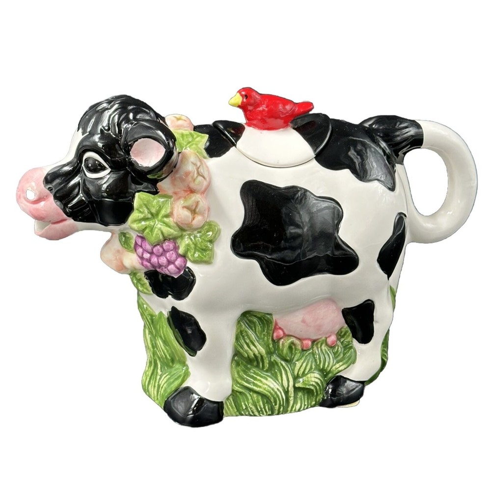 Wangs Vintage Black and White Cow Teapot with Red Bird on Lid Tail is Handle